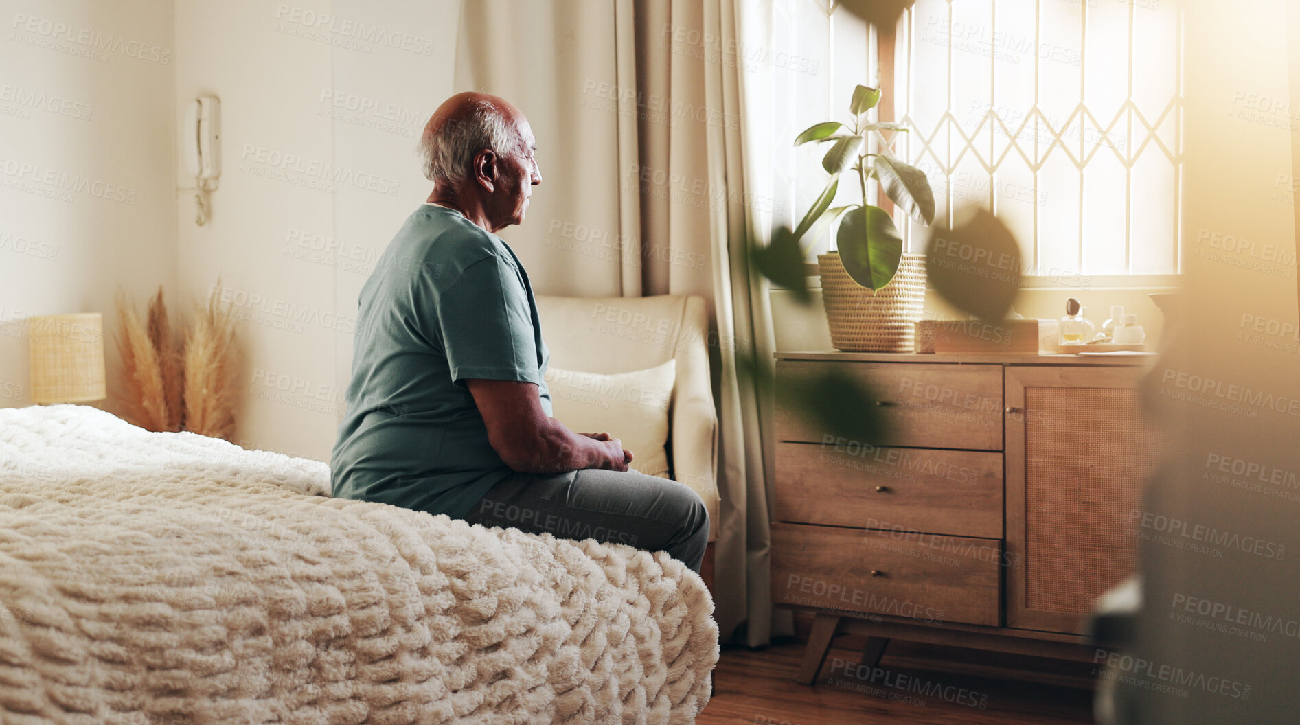 Buy stock photo Senior man, bedroom and thinking in retirement home or nursing village for memory for idea. Male person, elderly care and planning for support, relax or reflection on life insurance as cancer patient