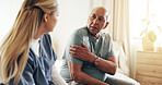 Woman, elderly man and checkup with caregiver in nursing home for consultation, wellness and empathy. Nurse, senior person and advice as helping hand, assistance and support with health in retirement