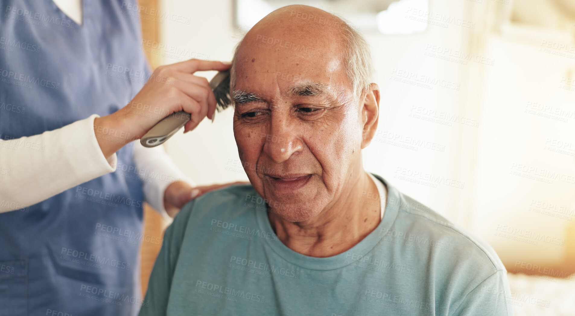 Buy stock photo Hair, elderly man and brushing with caregiver in nursing home for consultation, wellness and empathy. Nurse, senior person and morning as helping hand, assistance or support for routine in retirement