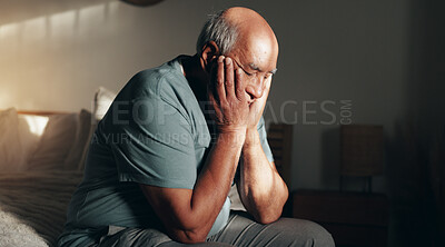 Buy stock photo Retirement, thinking and old man in home, illness and depression in morning, stress and mental health. House, sick and fear of disease, sad and anxiety for alzheimer, contemplating and senior person