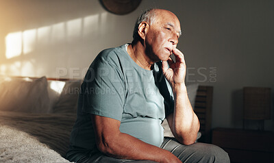 Buy stock photo Retirement, thinking and old man in home, mental health and depression in morning, stress and sick. House, illness and fear of disease, sad and anxiety for alzheimer, contemplating and senior person