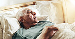 Senior man, bedroom and sleeping as retirement home or nursing village as tired for comfort. Male person, elderly care and peace for support, relax and rest with age related illness as cancer patent