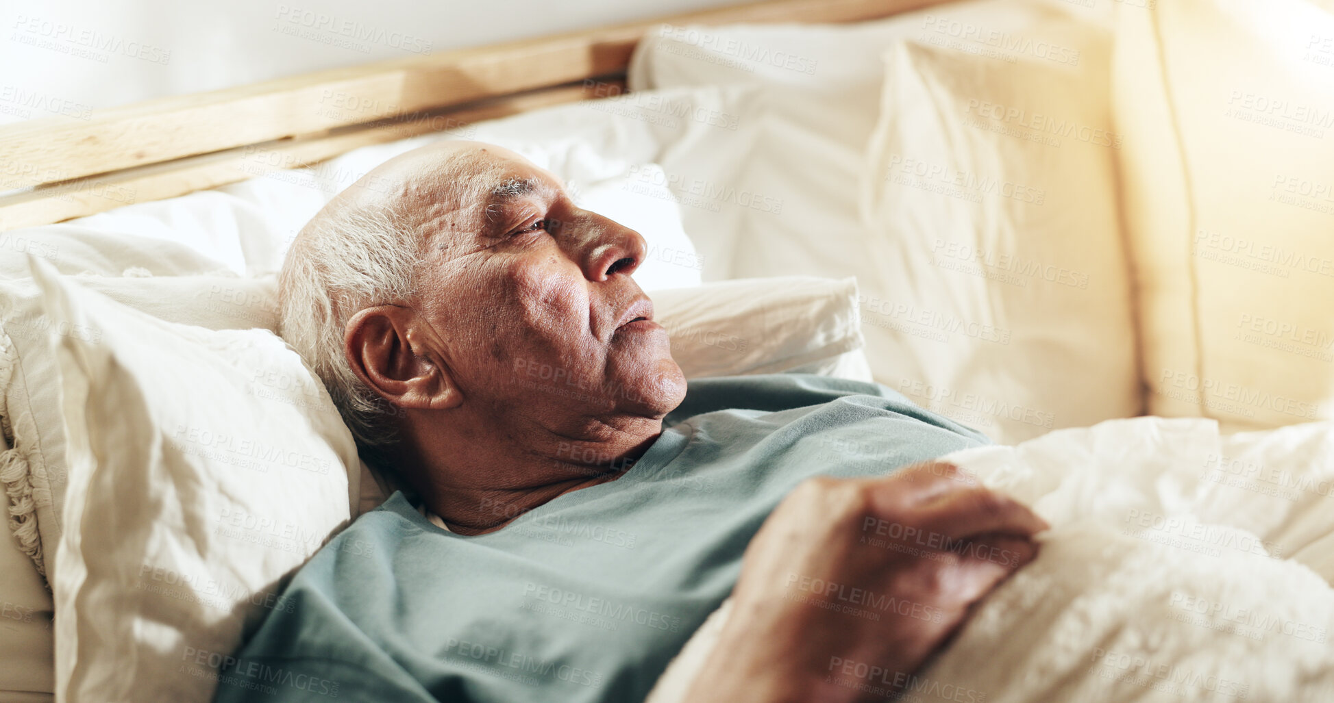 Buy stock photo Senior man, bedroom and sleeping as retirement home or nursing village as tired for comfort. Male person, elderly care and peace for support, relax and rest with age related illness as cancer patent