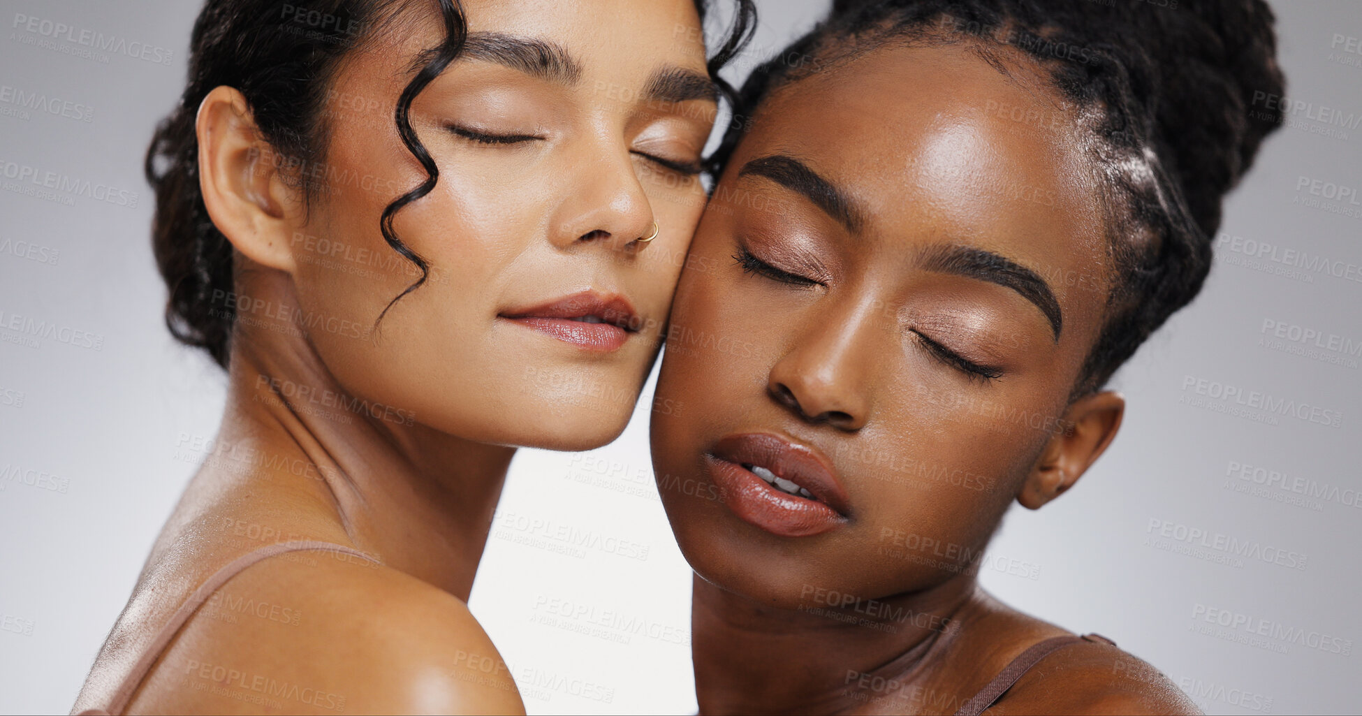 Buy stock photo Skincare, calm and women in studio for natural, wellness and facial routine with healthy glow. Beauty, cosmetic and friends with dermatology for face brightening and hydration by white background.