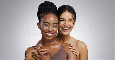 Buy stock photo Portrait, hug and women with beauty, cosmetics and dermatology on white studio background. Face, friends and people with shine, aesthetic and inclusive grooming with treatment, embrace and skincare