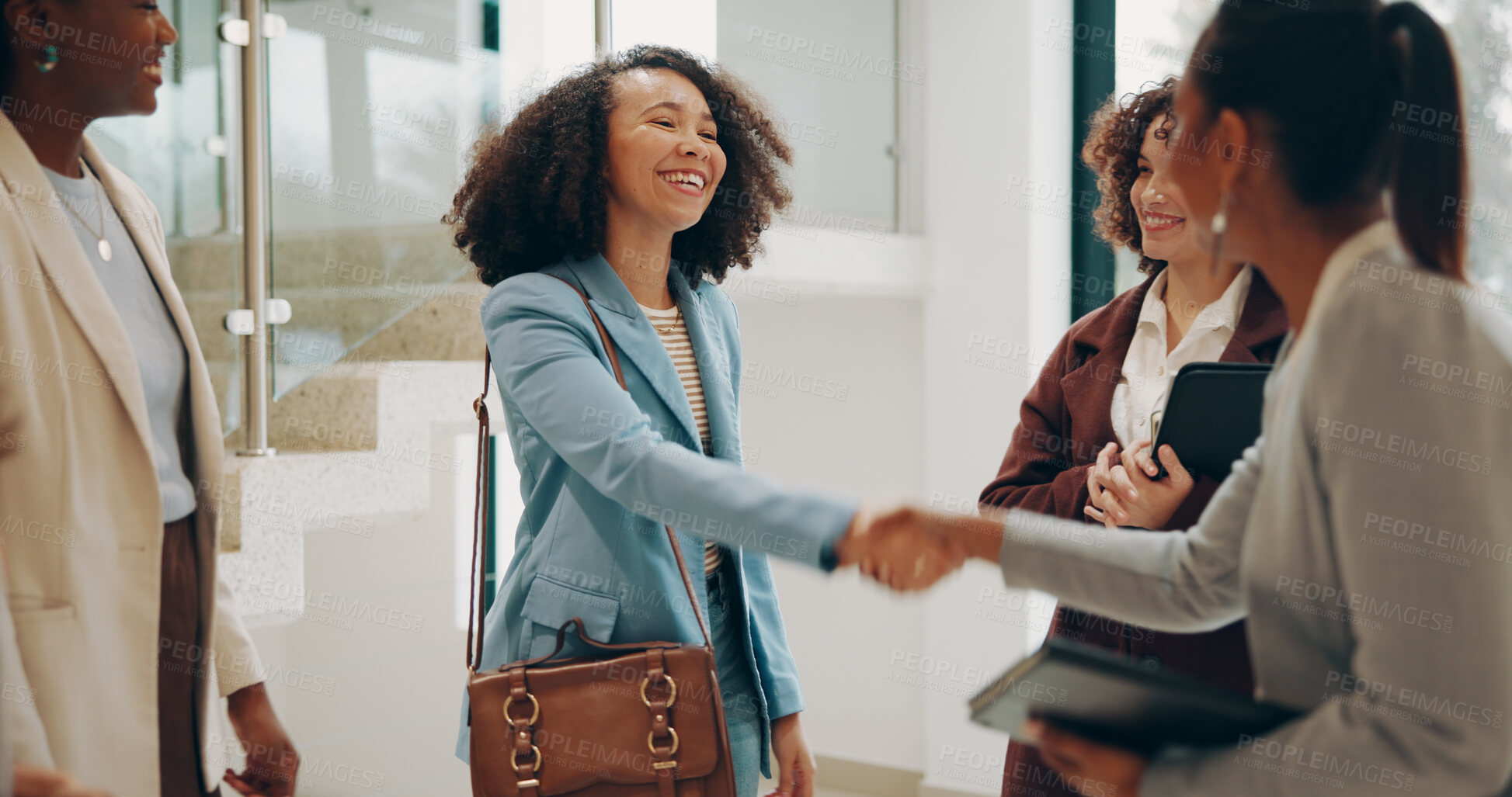Buy stock photo Business, women and excited at office with handshake for recruitment, welcome and agreement. People, employees and smile or happy for job well done, promotion and career opportunity at meeting