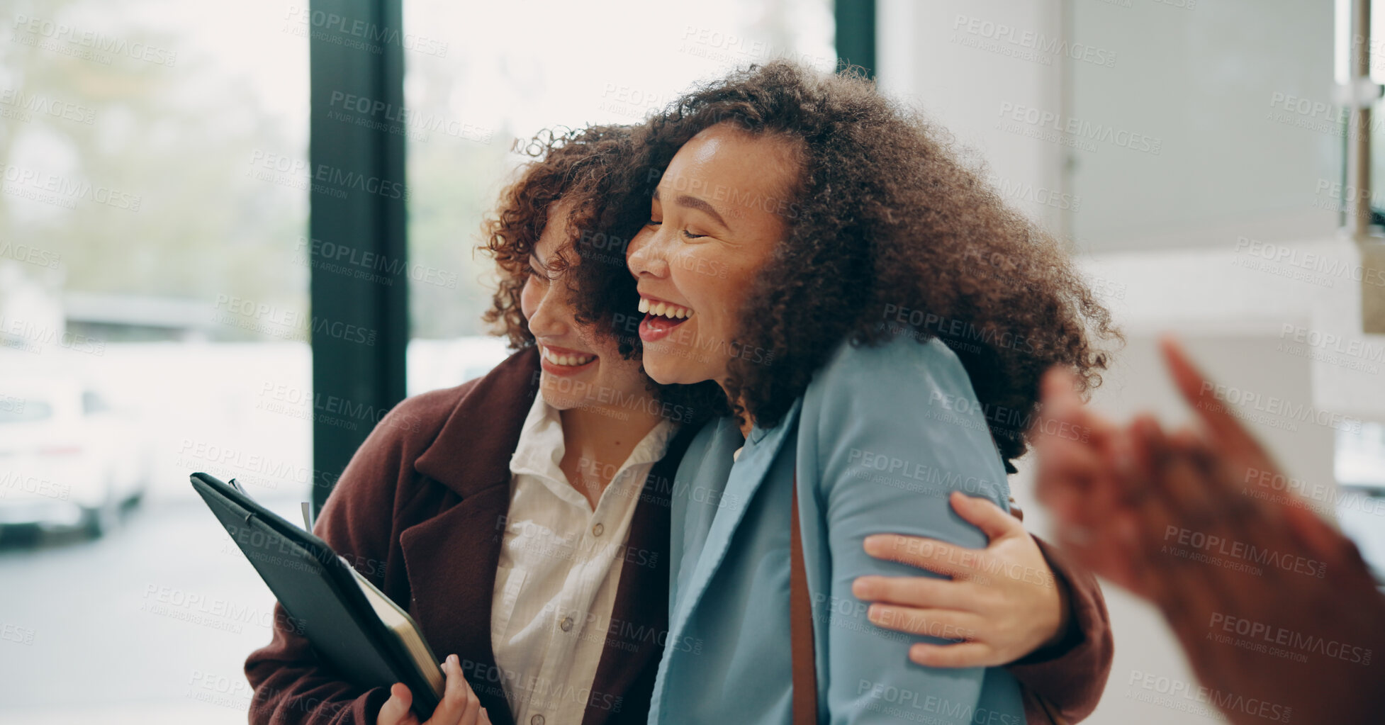 Buy stock photo Business, women and happy on hug at office for career opportunity, job promotion and success. People, employee and excited or smile with applause for teamwork, collaboration and solidarity on project