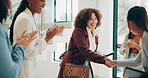 Business, women and applause at office with handshake for recruitment, welcome and agreement. Employees, people and smile or happy for job well done, promotion and career opportunity at meeting