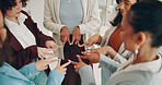 Business people, circle and hands together for teamwork, women and cooperation in modern office. Employees. coworkers and group with gesture, support and partnership with collaboration and synergy