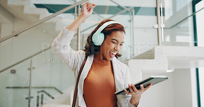 Buy stock photo Happy woman, employee and celebration with tablet for promotion, job opportunity or good news. Female person, excited and dancing on technology for communication, email and work in office or company