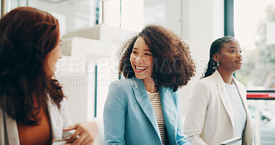 Buy stock photo Waiting room, interview and group of women, talking and diversity of applicants, job search and hope. Happy, people and recruitment for business, corporate and opportunity of employment and agency