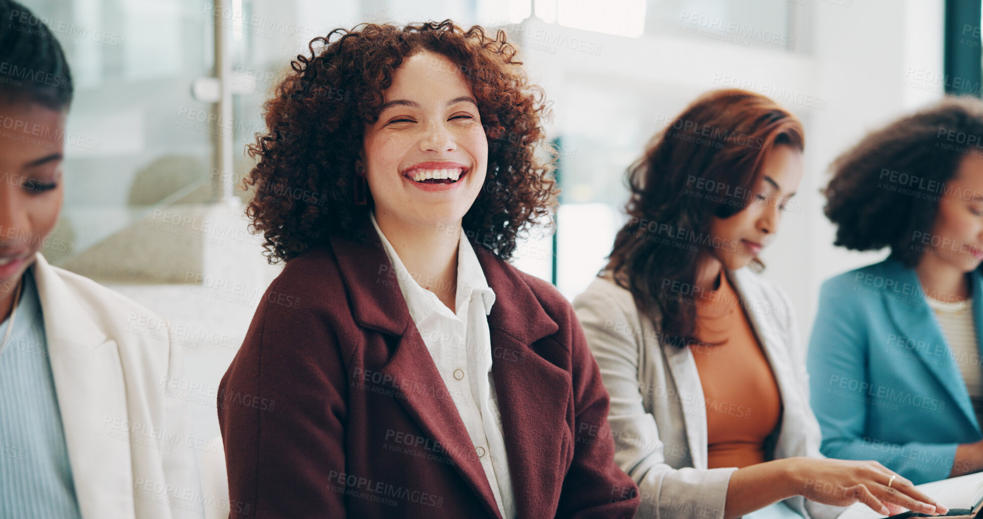 Buy stock photo Waiting room, interview and group of women, onboarding and diversity of applicants, job search and hope. Happy, people and recruitment for business, corporate and opportunity of employment and agency
