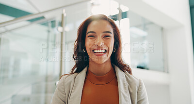 Buy stock photo Business, woman and laughing with portrait in office for corporate joke, confidence and pride for financial advisor. Professional, employee or funny consultant at workplace for client risk management