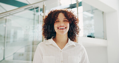 Buy stock photo Business, woman and laughing with portrait at workplace for corporate joke, confidence and pride for financial advisor. Professional, employee and funny consultant in office for client debt reduction