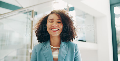 Buy stock photo Happy woman, employee and portrait with confidence for promotion, job opportunity or about us. Female person, excited and professional as pr agent for business, company or digital agency in Colombia