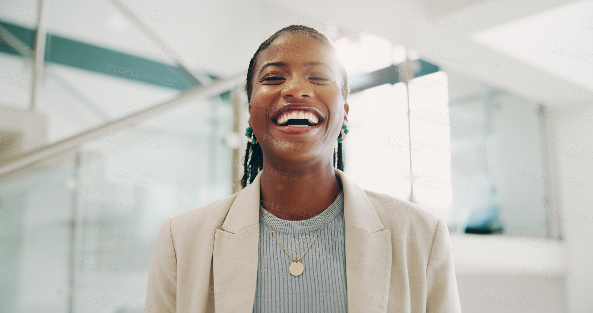 Buy stock photo Business, black woman or laughing with portrait in office for financial joke, confidence or pride in company advisor. Professional, employee or happy consultant at workplace for client debt reduction