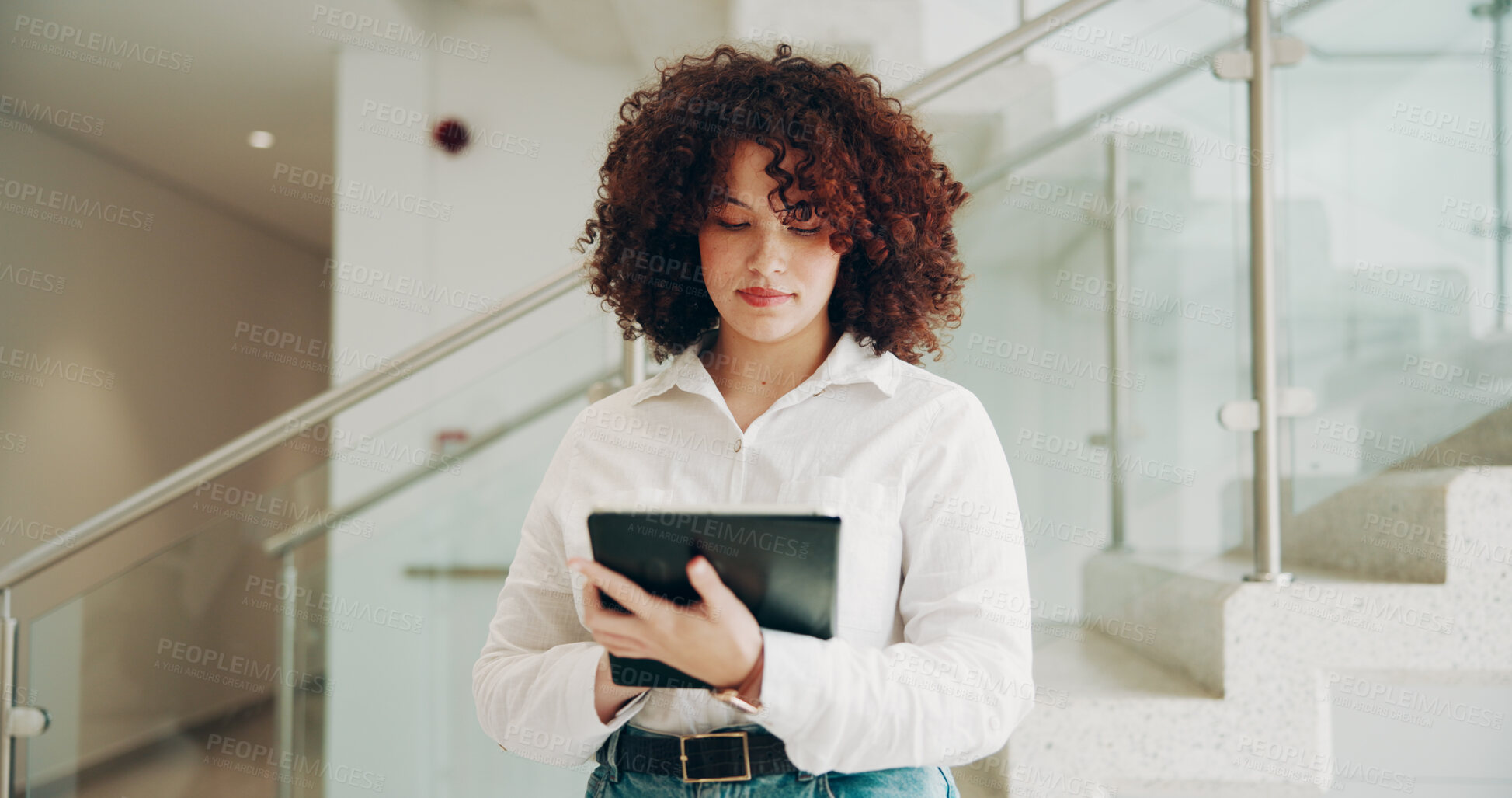 Buy stock photo Home, woman and real estate agent with tablet for communication, networking and connection. Business, female person and chatting on email with client or tenant for house viewing and property sale