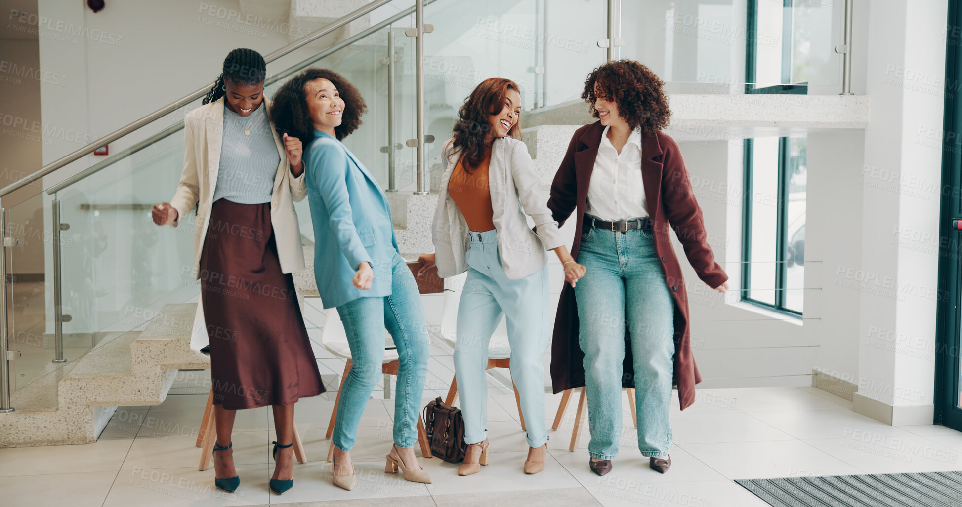 Buy stock photo Business woman, dance and group celebrate success, goal achievement or motivation. Happy team, company party or cheers with friends for good news, victory or winning in creative startup on new year