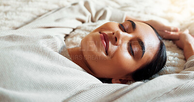 Buy stock photo Woman, fatigue and sleeping on bed for relax, comfortable and afternoon nap with peace, quiet and dream. Female person, tired and rest in home on weekend for chill, break and calm with relief or cozy