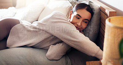 Buy stock photo Rest, calm and woman on bed in home preparing for afternoon nap on weekend with peace. Happy, relax and young female person getting ready for day time sleeping in bedroom for break in apartment.