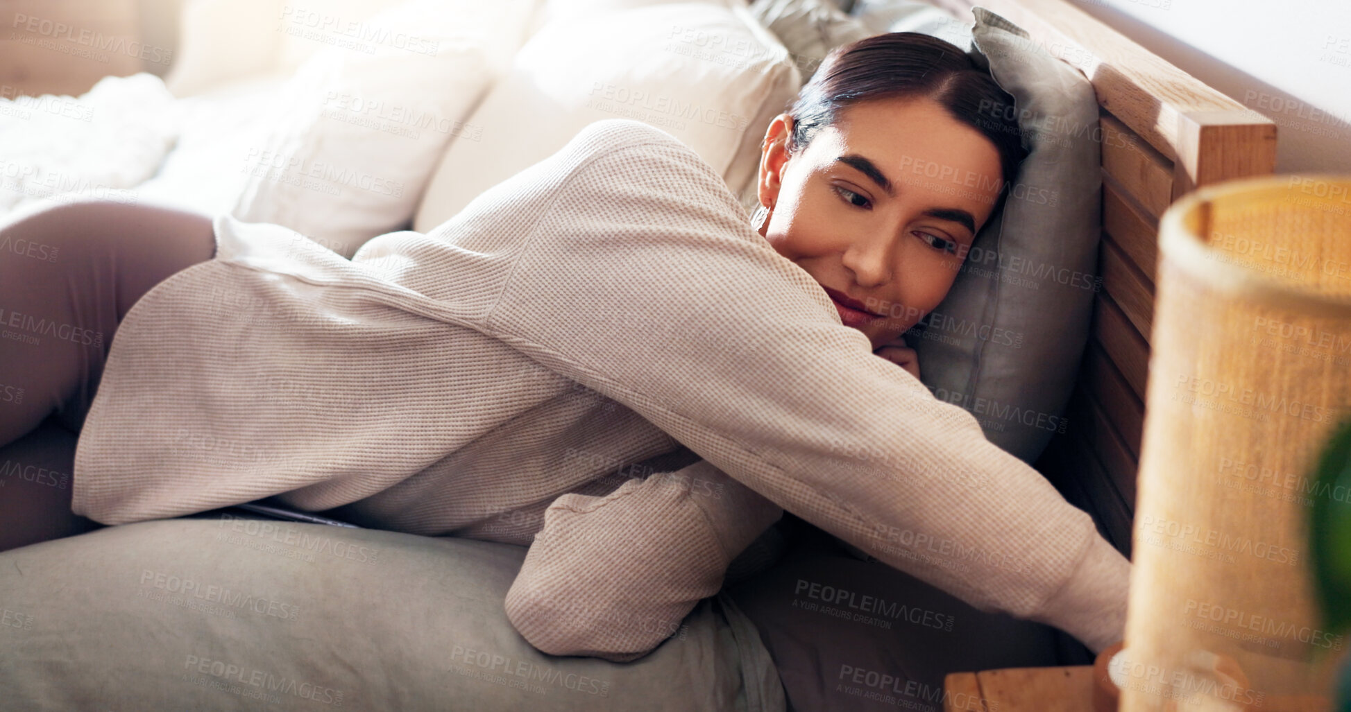 Buy stock photo Rest, calm and woman on bed in home preparing for afternoon nap on weekend with peace. Happy, relax and young female person getting ready for day time sleeping in bedroom for break in apartment.