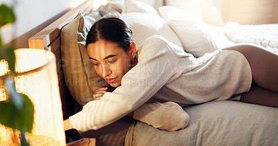 Buy stock photo Woman, tired and prepare on bed for nap, comfortable and sleeping with peace, quiet and alarm clock. Female person, fatigue and rest in home on weekend for chill, break and calm with relief or cozy