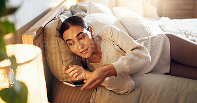 Buy stock photo Relax, calm and woman on bed in home preparing for afternoon nap on weekend with peace. Lamp, rest and young female person getting ready for day time sleeping in bedroom for break in apartment.