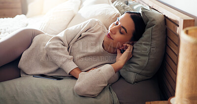 Buy stock photo Woman, tired and sleeping on bed for nap, comfortable and afternoon relax with peace, quiet and dream. Female person, fatigue and rest in home on weekend for chill, break and calm with relief or cozy