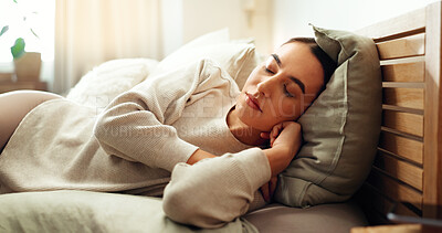 Buy stock photo Woman, tired and sleeping in home for relax, comfortable and afternoon nap with peace, quiet and dream. Female person, fatigue and rest on bed on weekend for chill, break and calm with relief or cozy