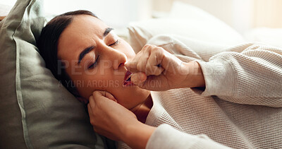 Buy stock photo Woman, coughing and sick in home, virus influenza and laying on bed with bacteria infection. Female person, flu symptoms and bedroom with sore throat or lungs disease, respiratory and chest illness