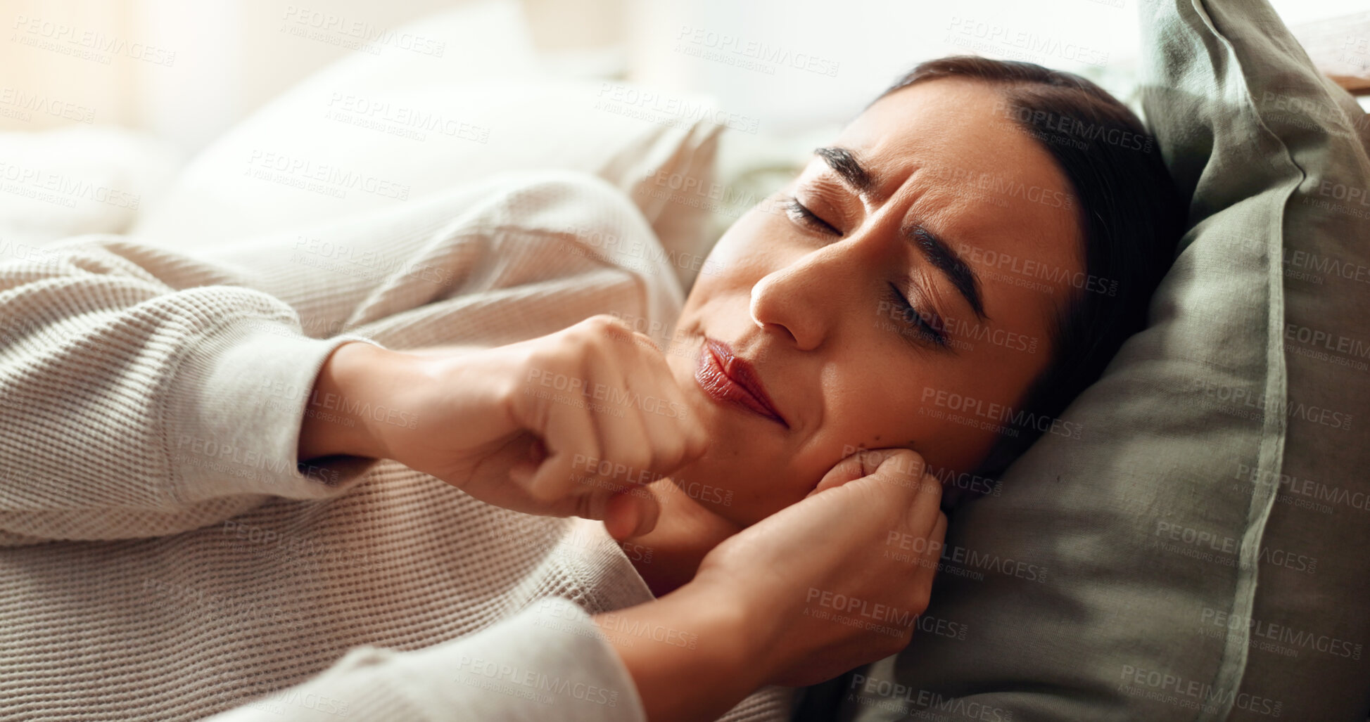 Buy stock photo Woman, coughing and sick in home, cold influenza and laying on bed with bacteria infection. Female person, flu symptoms and bedroom with sore throat or lungs disease, respiratory and chest illness