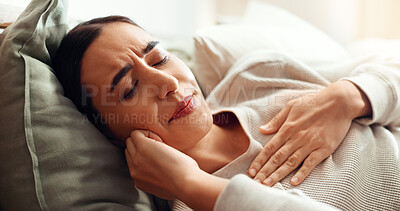 Buy stock photo Woman, sore chest and cold in home, virus influenza and laying on bed with bacteria infection. Female person, flu symptoms and bedroom with lungs disease, respiratory illness and breathing problems