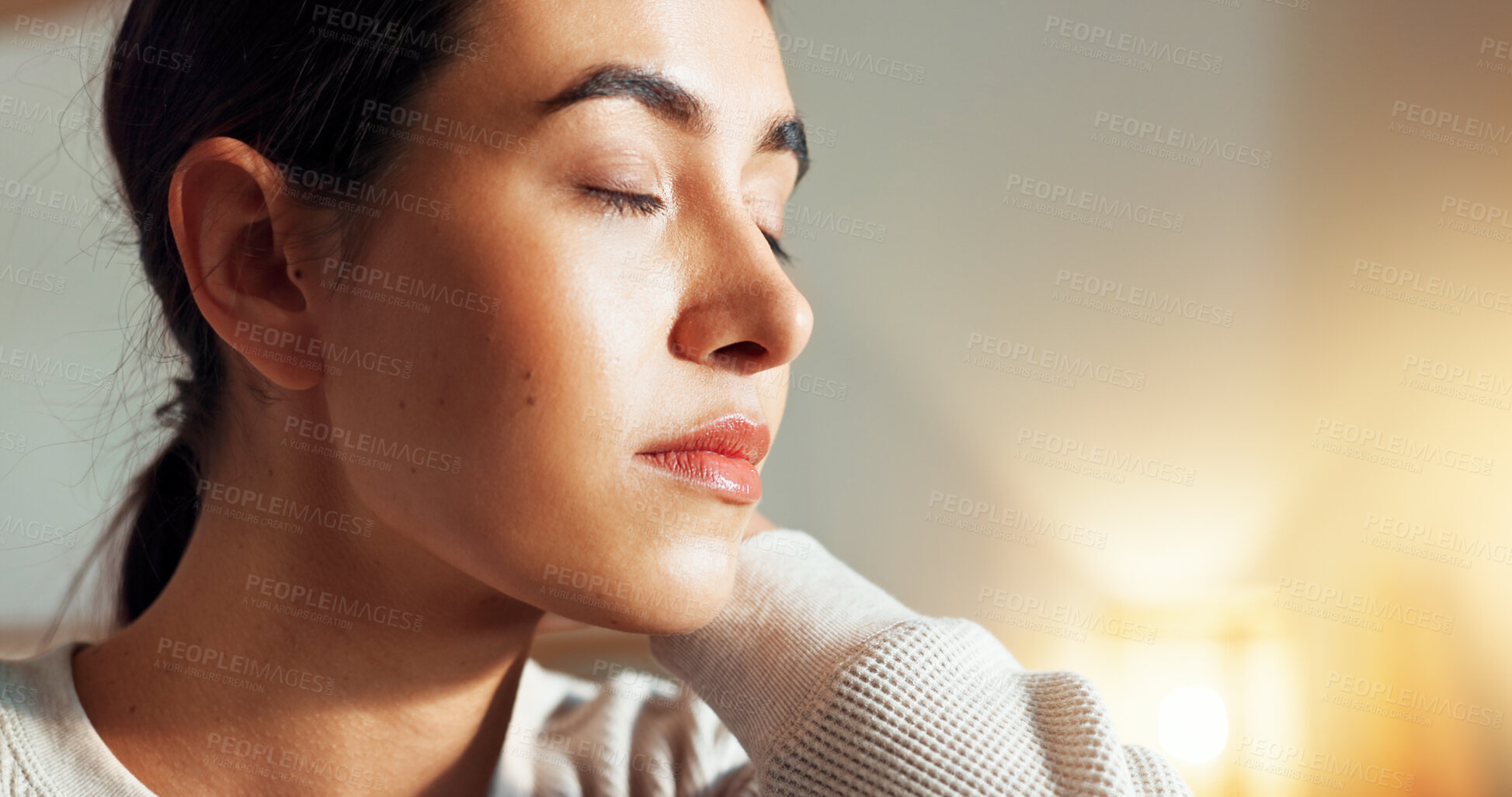 Buy stock photo Woman, breathing and morning in home for peace, weekend and dream of opportunity in lounge. Female person, imagine future and remember past or memory in apartment, mindset and reflection on hope