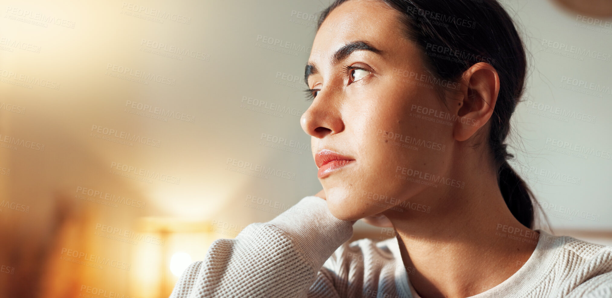 Buy stock photo Woman, thinking and morning in home for inspiration, plan and dream of opportunity in lounge. Female person, imagine future and remember past or memory in apartment, mindset and reflection on hope