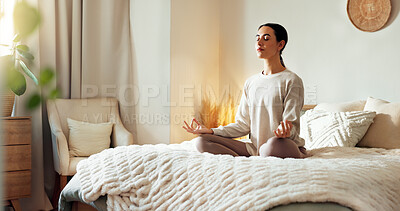 Buy stock photo Lotus, meditation and woman in bedroom, peace and relax on bed, spiritual and enlightenment in house. Mindset, zen and emotional health with chakra, wellness and person in morning, breathing and home