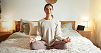 Woman, portrait and yoga on bed for meditation, fitness and zen with lotus, chakra and self care in home. Female person, face and happy for holistic exercise, mindfulness or balance with healthy mind