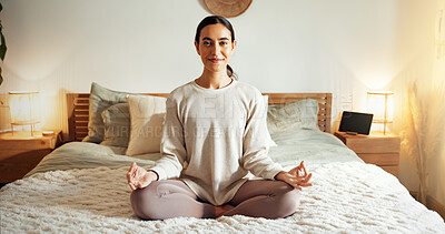 Buy stock photo Woman, portrait and yoga on bed for meditation, fitness and zen with lotus, chakra and self care in home. Female person, face and happy for holistic exercise, mindfulness or balance with healthy mind