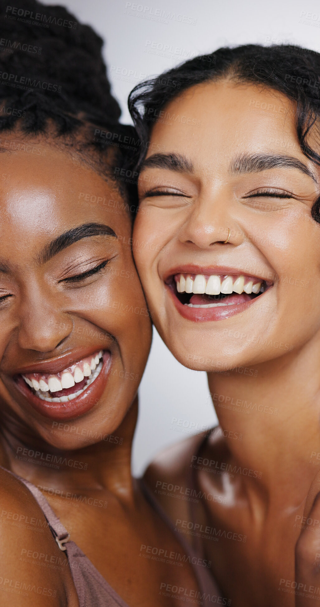 Buy stock photo Skincare, beauty and women in studio for natural, wellness and facial routine with healthy glow. Happy, cosmetic and friends with dermatology for face brightening and hydration by white background.