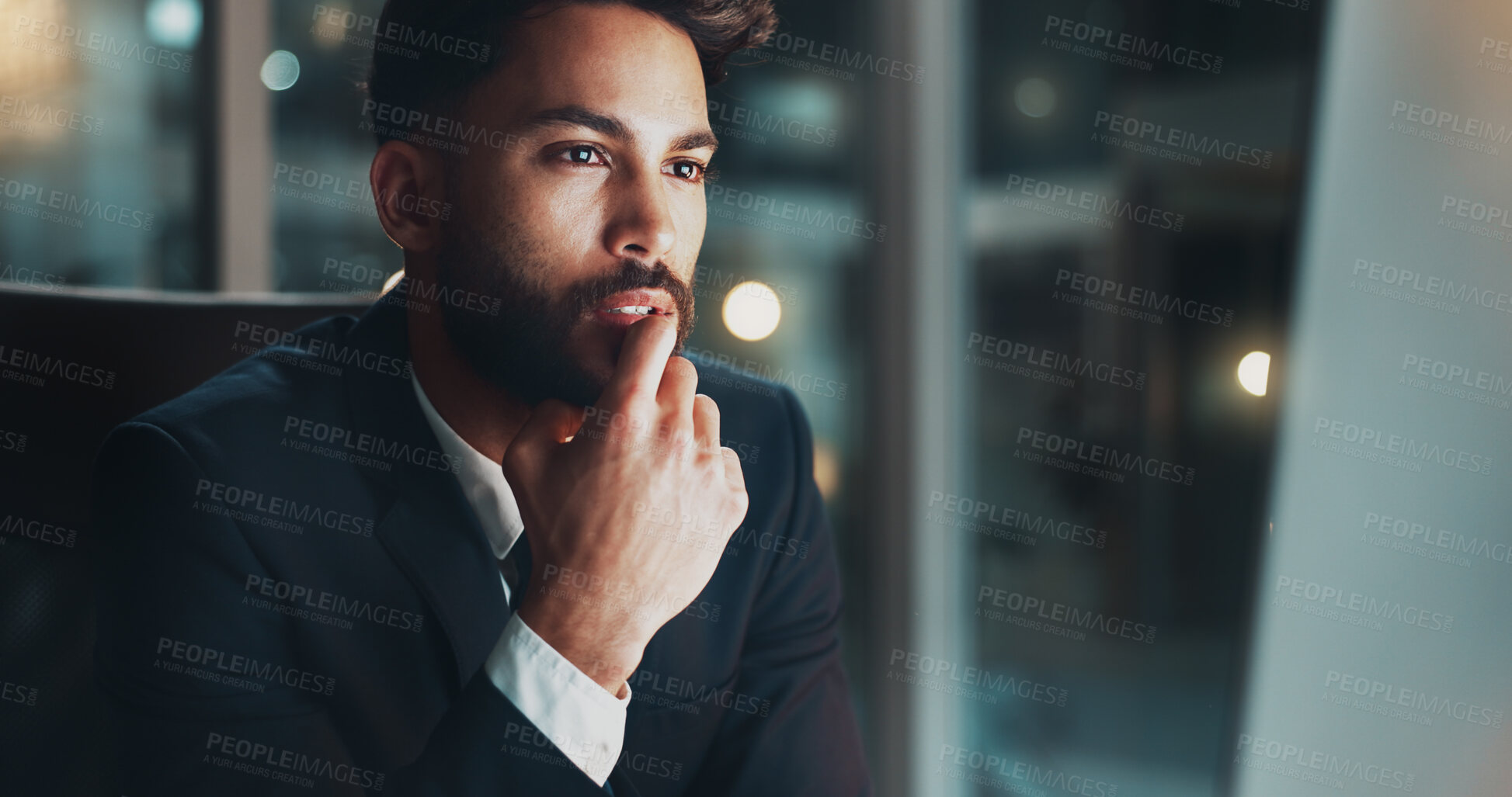 Buy stock photo Computer, night and thinking with business man at desk in office for administration or research. Information, reading and problem solving with employee at PC for deadline or overtime in workplace