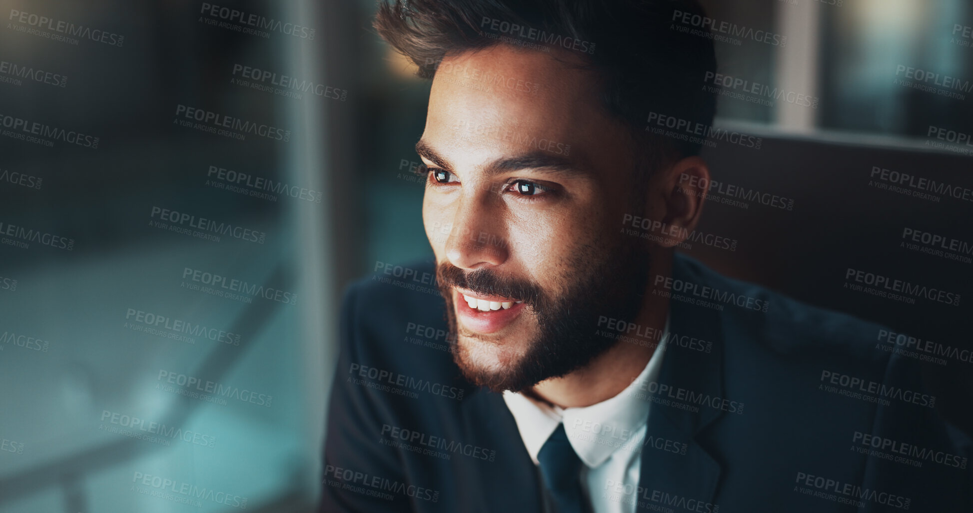 Buy stock photo Night, thinking and man in office with smile, business plan and brainstorming ideas at digital agency. Research, overtime and happy businessman at desk with reflection, inspiration and working late