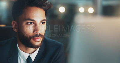 Buy stock photo Night, thinking and man in office with computer, business plan and ideas for online project at digital agency. Research, overtime and businessman at desk checking email, report or review at startup