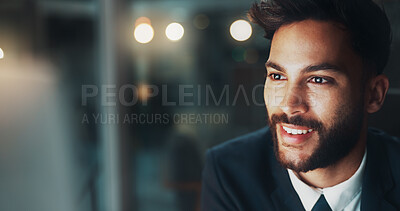 Buy stock photo Night, thinking and happy man in office with computer, business plan or ideas for online project at digital agency. Research, overtime and businessman at desk checking email, web and smile at startup