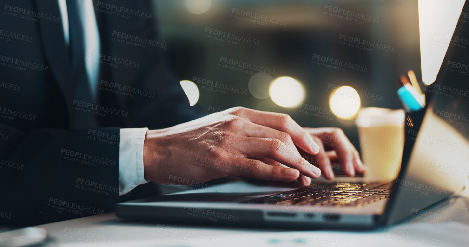 Buy stock photo Laptop, hands and typing in office, night and lawyer with deadline, research and working late for report. Dark, keyboard and overtime for person, process and litigation attorney with info for dispute