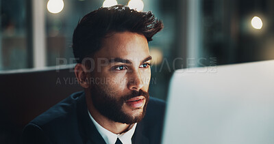 Buy stock photo Night, reading and man in office with computer, business plan and ideas for online project at digital agency. Research, overtime and businessman at desk checking email, report or review at startup