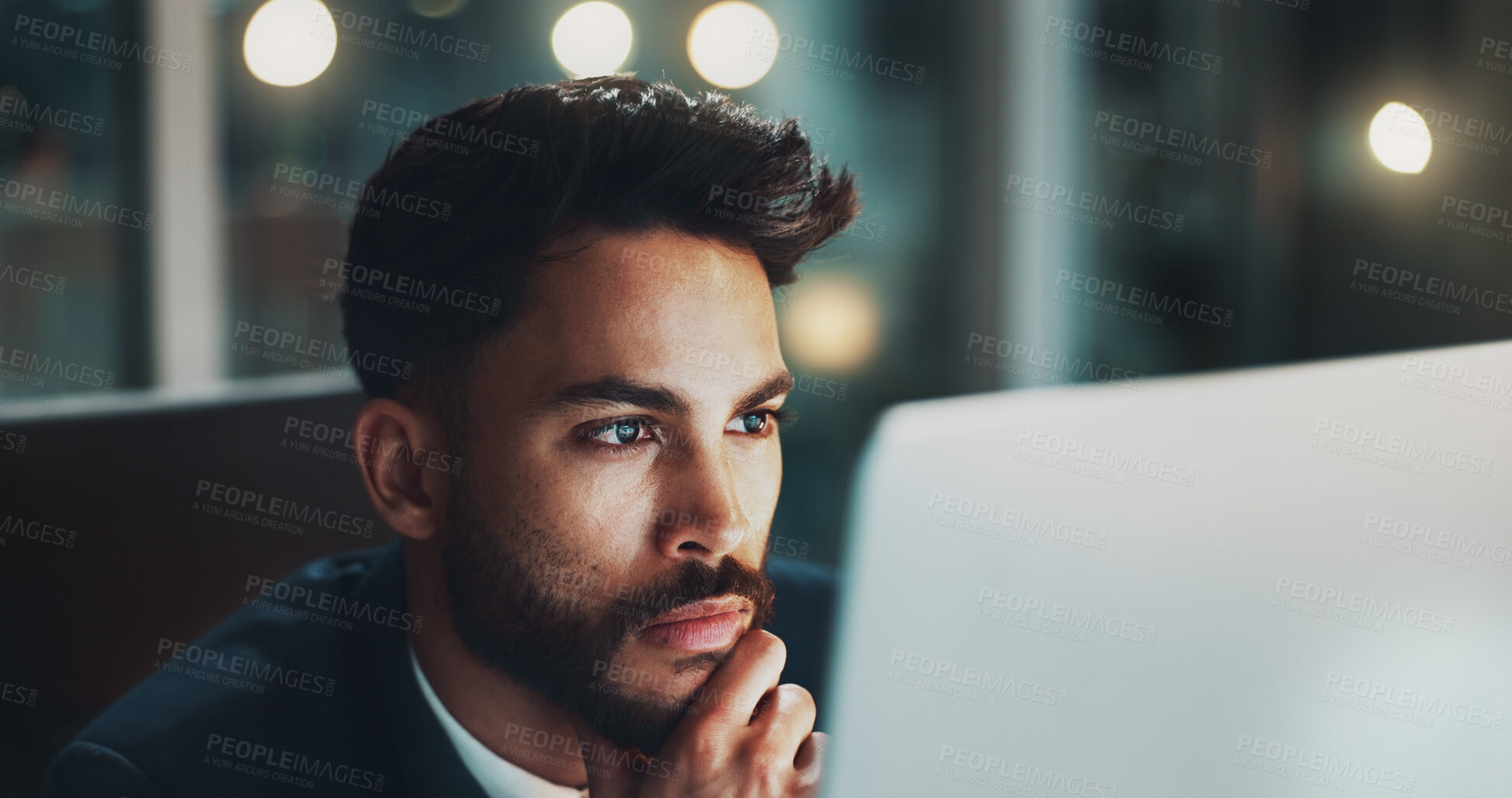Buy stock photo Night, thinking and man in office with laptop, business plan and ideas for online project at digital agency. Research, overtime and businessman at desk reading email, report or review at tech startup