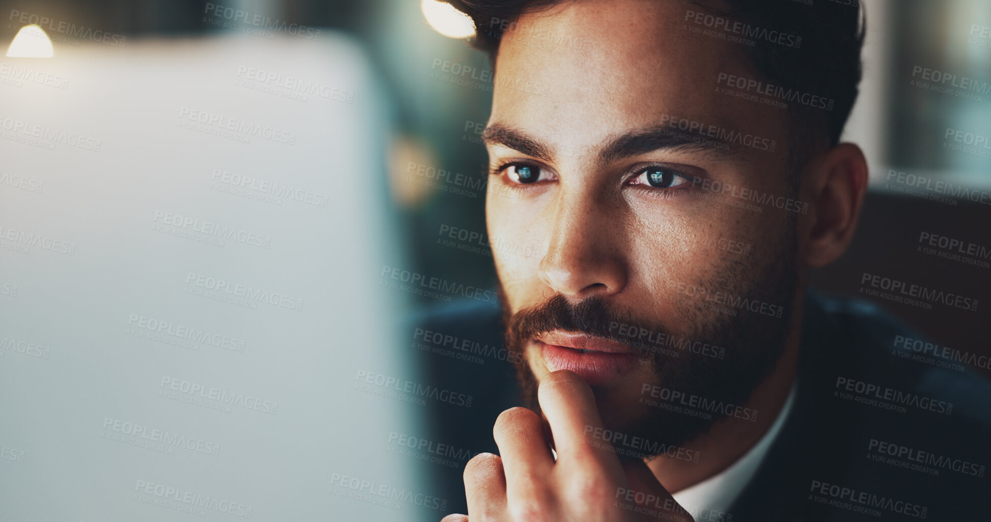 Buy stock photo Reading, thinking and man in office with computer, business plan and ideas for online project at digital agency. Research, night and businessman at desk checking email, report or review at startup