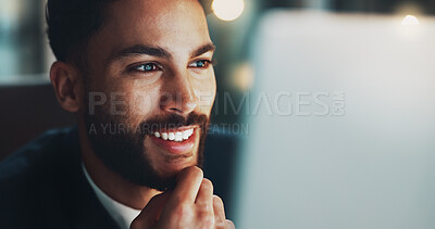 Buy stock photo Night, thinking and happy man in office with laptop, business plan or ideas for web project at digital agency. Research, overtime and businessman at desk reading email, report or good news with smile