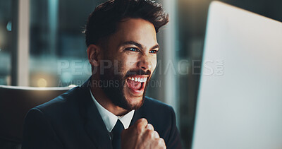 Buy stock photo Night, excited and man in office with laptop, business success and feedback for online project at digital agency. Research, overtime and businessman at desk checking good news email with celebration