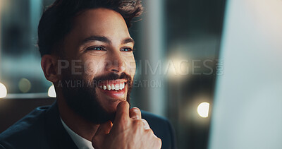 Buy stock photo Night, computer and man in office with smile, business plan and ideas for online project at digital agency. Research, overtime and businessman at desk reading email, report or cryptocurrency wallet