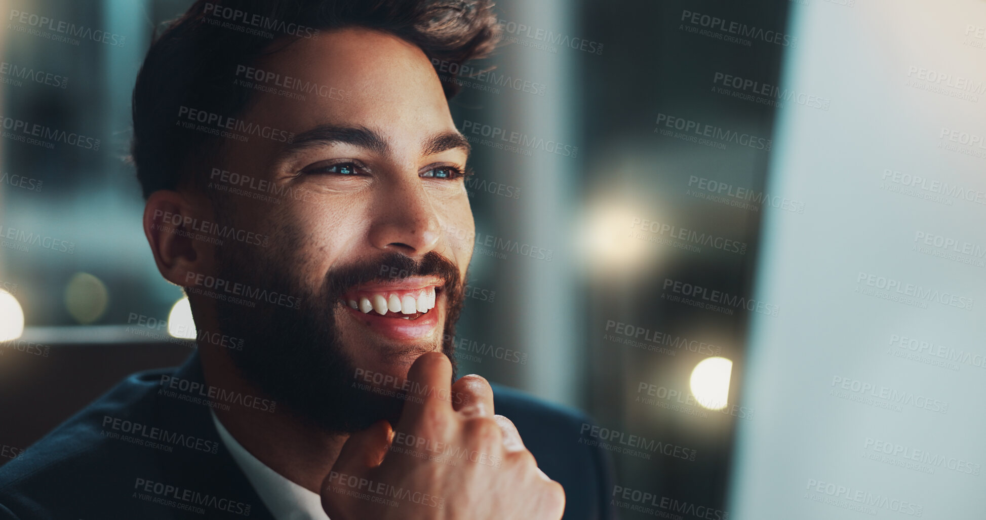 Buy stock photo Night, computer and man in office with smile, business plan and ideas for online project at digital agency. Research, overtime and businessman at desk reading email, report or cryptocurrency wallet